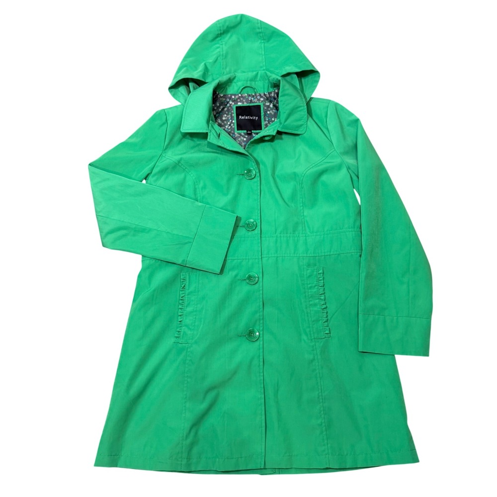 Green Waterproof Hooded Raincoat (LG) Bright Ruffle Detail Lined Long Jacket